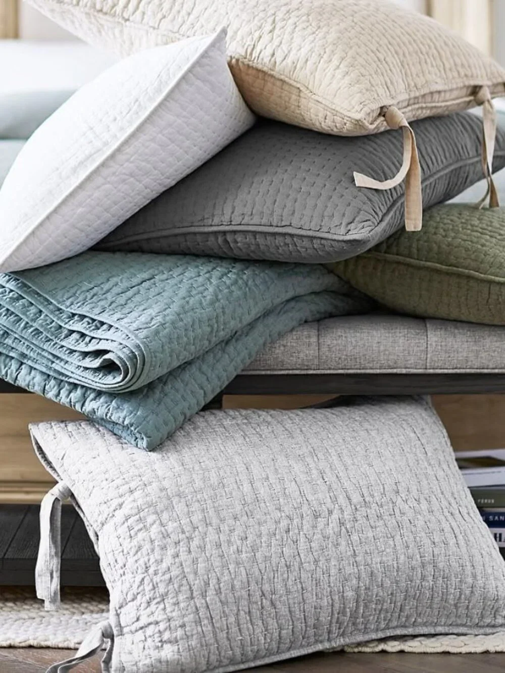 Pottery Barn Pick-stitch Euro Shams Gray Linen Cotton Set of 2